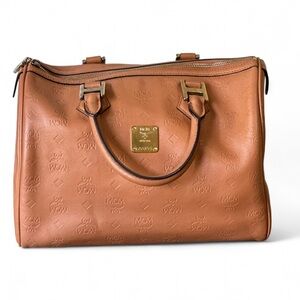 Authentic MCM Embossed Monogram Boston Bowler Bag w/ Gold Plate – Rare Vintage
